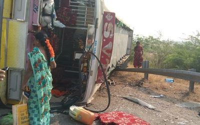 Five killed, 49 injured as overcrowded bus overturns near Pavagada