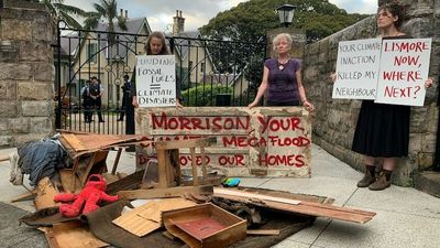 Lismore flood victims call for climate action outside Scott Morrison's Kirribilli home