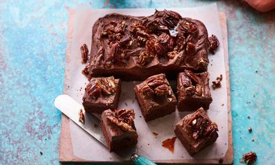 Banana cocoa cake with whipped ganache and pecan brittle recipe by Helen Goh