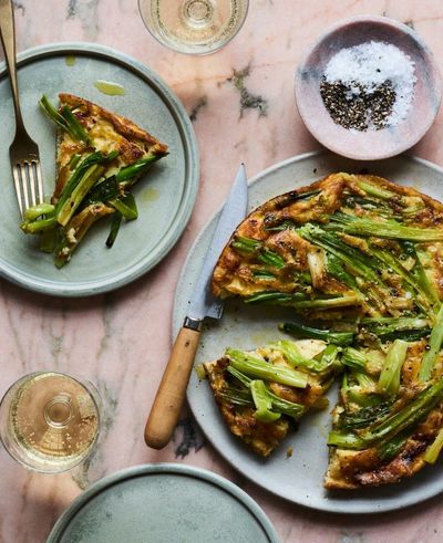 Rachel Roddy’s recipe for spring onion frittata and sweet-and-sour onions