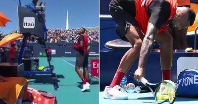 Nick Kyrgios confronted by court invader after angrily smashing racket in tirade