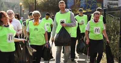 Freddie Flintoff makes surprise appearance at McDonald's in Salford... by becoming litter picker for the day