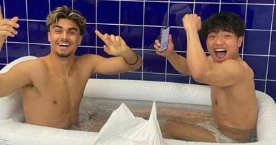 Jota and Hatate celebrate Celtic victory at Ibrox with post-match bath pic