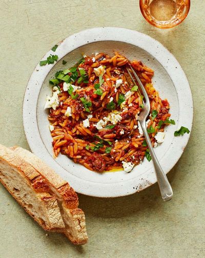 Thomasina Miers’ recipe for Greek lamb, tomato and feta orzo