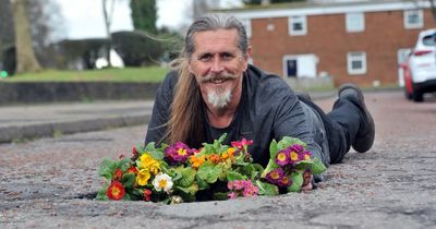 Man became so fed up with potholes on his road he began planting flowers in them