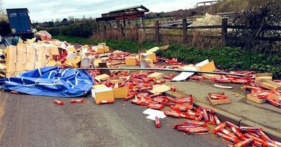 Hundreds of biscuits packets strewn across road after spilling from McVitie's lorry