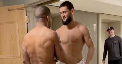 UFC rivals Khamzat Chimaev and Gilbert Burns in half-naked face-off on way to sauna