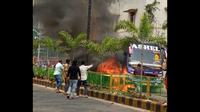 Mangaluru bus catches fire after hitting bike