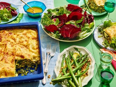 Rachel Roddy’s recipe for lasagne, herby spring salad and buttery asparagus