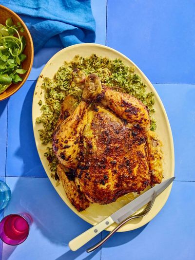 Thomasina Miers’ recipe for roast chicken with ancho butter and herby rice stuffing