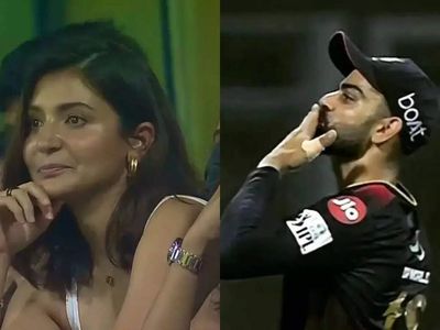 Anushka Sharma has the sweetest reaction as Virat Kohli blows a kiss during cricket match at Wankhede Stadium