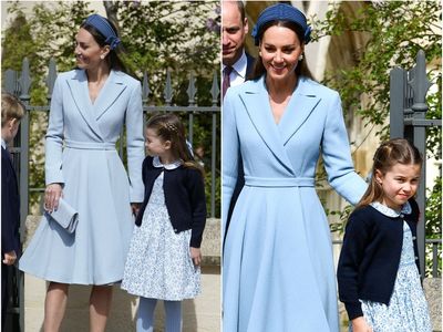 Princess Charlotte twins with mother Kate in blue dress at Easter Sunday service