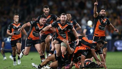 Jackson Hastings kicks miraculous field goal to secure Wests Tigers upset win over Parramatta