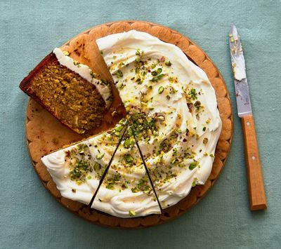 Thomasina Miers’ recipe for white chocolate pistachio cake with lemon mascarpone icing