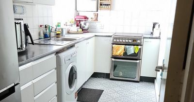 Creative mum transforms kitchen floor using stencil from eBay