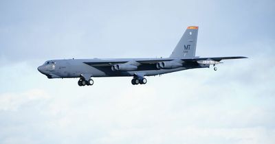 American B-52 bomber plane flies over Wales