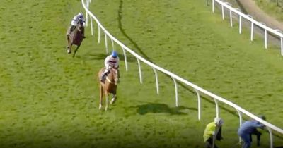 Jockey riding hot favourite swerves around unsuspecting groundstaff on track during race
