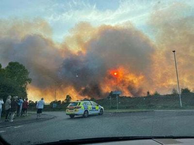 Huge wildfires spread quickly by strong winds across Dorset heath