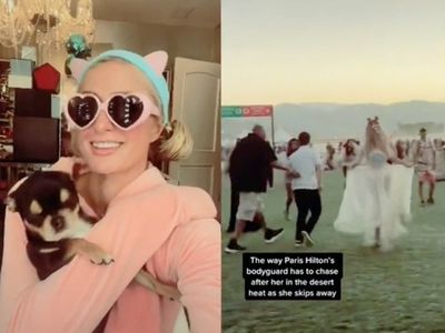 Paris Hilton reacts to video of her bodyguard chasing her as she dances through Coachella