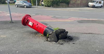 'Leaning tower of Droylsden': Iconic red post box shoved to the ground by 'hit-and-run van driver'