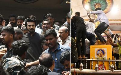 Andhra Pradesh: Ram Charan’s fans climb up hundi at Kanaka Durga temple to click photos