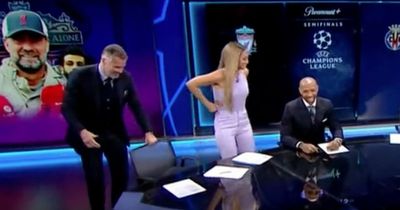 Jamie Carragher kicks CBS Sports host Kate Abdo out of her seat after Liverpool clip