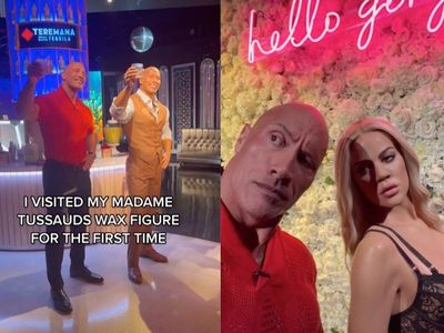 Khloe Kardashian reacts after Dwayne Johnson admires her wax figure’s butt