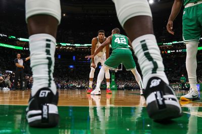 Which team has the advantage going into the East semis series between the Boston Celtics and Milwaukee Bucks?