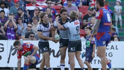 Melbourne Storm beat Newcastle Knights 50-2, St George Illawarra Dragons hold on against Wests Tigers