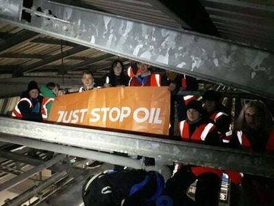 Just Stop Oil climate activists blockade Nustar Clydebank oil terminal in Scotland