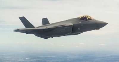 American F-35A stealth bomber plane flies over Wales