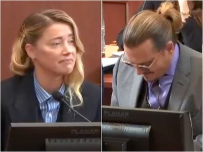 Johnny Depp laughs as Amber Heard tells court he was allowed to ‘take off his own boots’