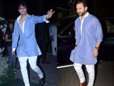 Like father, like son: Ibrahim looks every inch the nawab in a blue kurta and white pants like father Saif