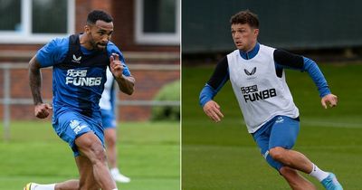 Kieran Trippier and Callum Wilson pictured in Newcastle United training training ahead of Man City trip