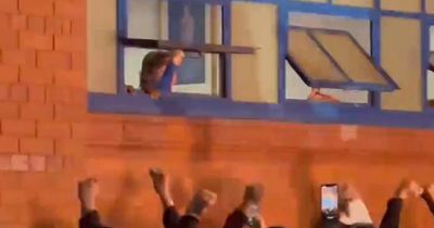 Rangers trio celebrate with Ibrox fans as pyro and flares ensue outside home dressing room after Europa League joy