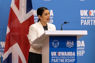 Activists disrupt Priti Patel speech in protest over ‘morally bankrupt’ Rwanda asylum plan