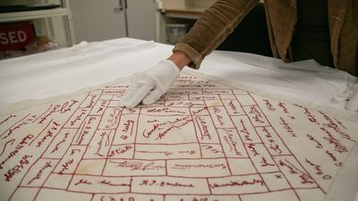 Queensland Museum gifted tea towel signed by prominent federal, state politicians