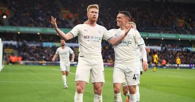 Kevin De Bruyne strikes Erling Haaland celebration pose after scoring Man City hat-trick vs Wolves