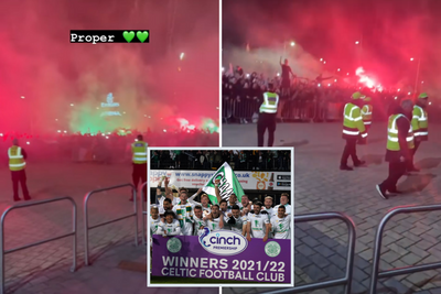 Celtic players receive pyro fan celebration after sealing the Scottish Premiership league title