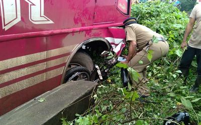 Two injured as bus rams bike