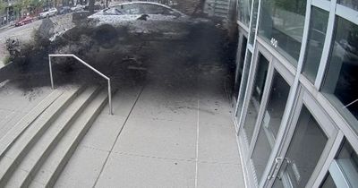 Tesla loses control and flies through side of building – narrowly missing kids inside