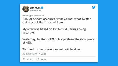 Elon Musk says Twitter deal "cannot move forward" unless spam questions are answered