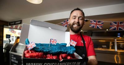 The chippy selling red, white and blue fish and chips for the Queen's Jubilee