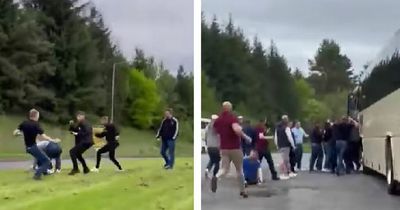 Shocking images of Rangers and Hearts fans brawling at Lanarkshire service station