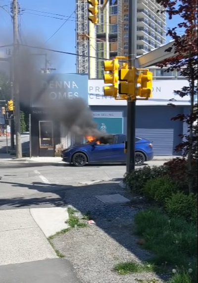 Tesla owner breaks window to escape after car bursts into flames