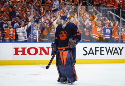 Oilers goalie Mike Smith gave up the worst goal to the Flames from almost the other end of the rink