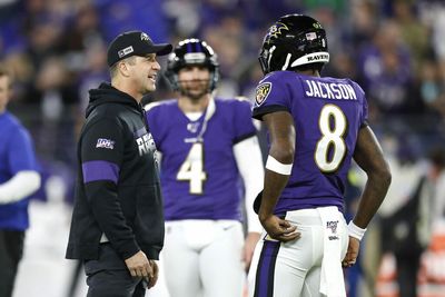 Ravens HC John Harbaugh offers brief remarks on absence of QB Lamar Jackson at OTAs