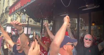 Moment huge crowd of Liverpool fans belt out Allez Allez Allez in middle of Paris