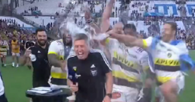 Watch: Ronan O'Gara gets drenched mid-interview by celebrating La Rochelle players after Champions Cup triumph