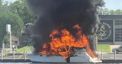 Moment 30ft yacht EXPLODES in flames injuring 15 after refuelling at marina